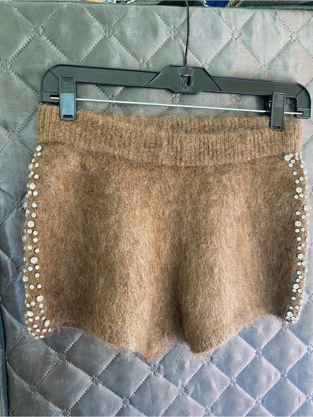 H&M Rhinestone Embellished Shaggy Knit Shorts Brown NWOT S